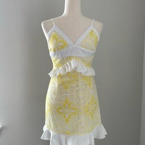 GB Yellow Floral Lace Mini Dress Preppy Gianni Bini Strapless Size Medium